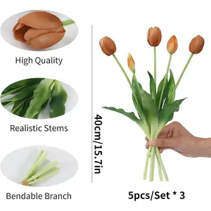 15 Pcs Coffee Artificial Flowers Tulips Real Touch Latex Plastic Soft Faux Bouquets for Party, Wedding, Home, Room, Garden Decor Decorative Fruit