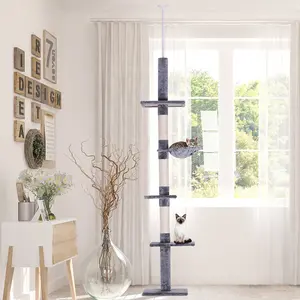 Adjustable Floor to Ceiling Cat Tree 90.5-102.25" H, 5 Tier Cat Tower with 3 Sisal Scratching Areas, Hammock, Carpeted Platforms, Gray, Anti Toppling Strap, for 1-2 Cats, 15.75"L x 13.5"W Base