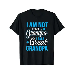 Men's Short-Sleeve Round Neck Graphic Tee - "I Am Not Only a Grandpa I Am a Great Grandpa" Bold Blue & White Star Text, Relaxed Fit Casual Black Vintage Novelty Gift Top, Machine Washable, Shortsleeve, Graphic Tees