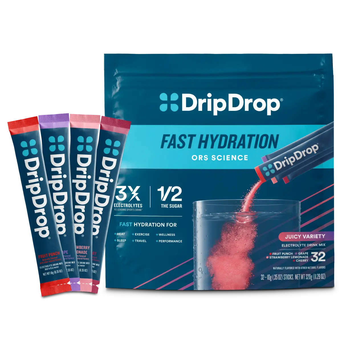 DripDrop Juicy Variety Pack Electrolyte Powder, 8 oz sticks, 32 count DripDrop Juicy Variety Pack Electrolyte Powder, 8 oz sticks, 32 count