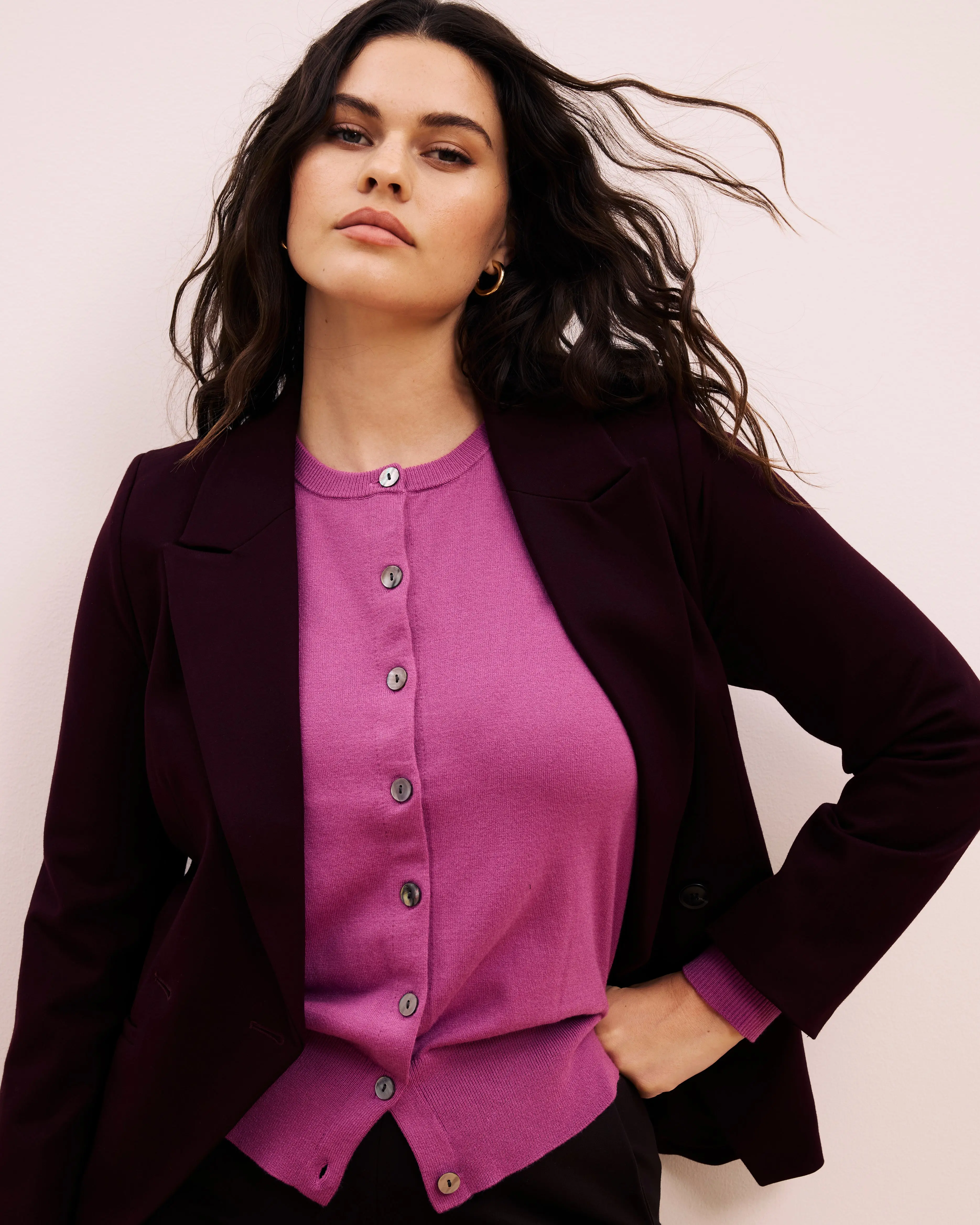 Women's Bianca Double-Breasted Blazer Suit - Black Cherry, Long-Sleeve, Stretchable Ponte Blend Fabric (Nylon, Rayon, Spandex/Elastane), Curve & Petite-Friendly, Soft, Princess Seams, Office & Dress Casual Wear