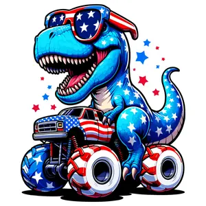 American Flag Dinosaur Riding Truck Direct To Film Print, DTF Print, Ready To Press Print For T-shirts