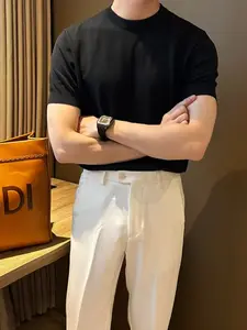 Men's Semi-High Neck Knit Short Sleeve T-Shirt, Summer High-End Slim Fit Solid Color Top, Casual Men's Upper Garment
