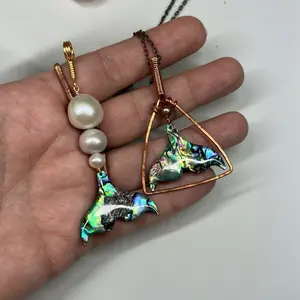 Mermaid Tail Pendant - Handmade, Abalone & Pearls, Copper Wire