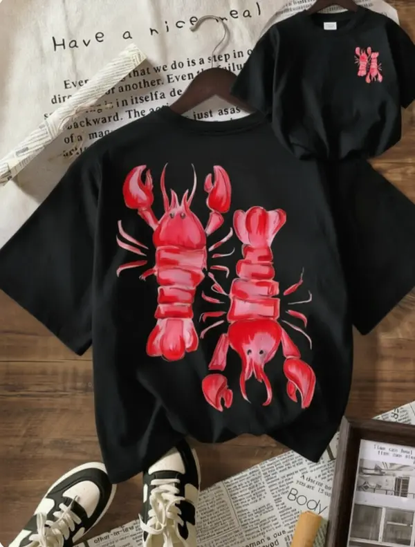Women's Stylish 100% Cotton Short-Sleeve Double-Sided Vibrant Red Lobster Hand-Drawn Seafood Cartoon Print Top, Soft Coastal Beach Casual Daily Unisex Outfit with Relaxed Summer Vibe, Shortsleeve, Tops, Round Neck, Seafood Print, Cool Unisex, Cold Wash, C