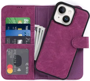 Designed for iPhone 15 Wallet Case - Detachable Flip Folio Cover - RFID Blocking 4 Card Slots Holder - Premium Leather Magnetic Kickstand - Protective Phone Case 6.1", Purple