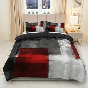 3PCS Duvet Cover Set, 1 Duvet+2 Pillowcases(Without filler), Modern Geometric Abstract Artistic Red theme, Christmas bedding set, Luxury Comfortable Suitable for decoration Bedroom, Hotel, Guest Room, Studio