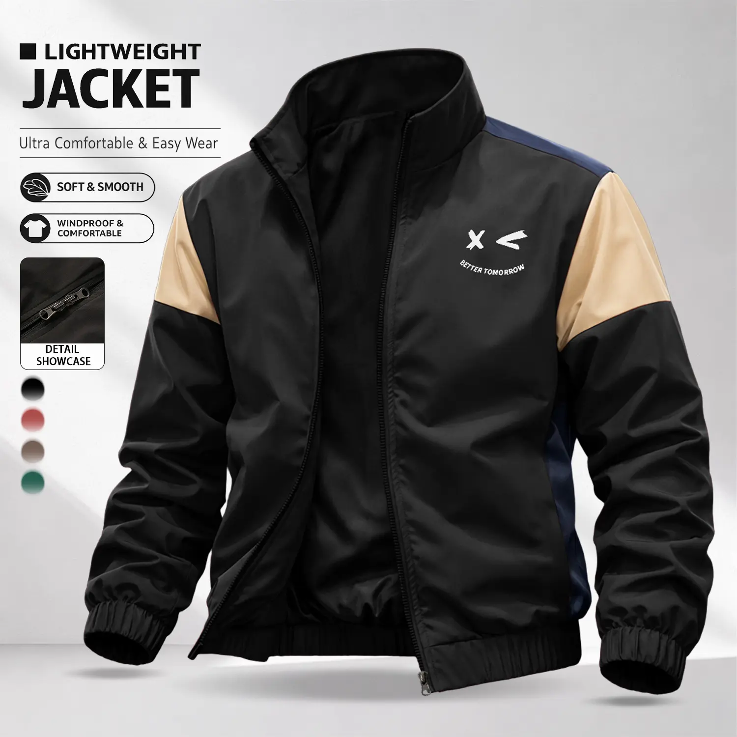 Men’s khaki color-block stand collar jacket with minimalist chest badge, loose fit, zipper closure—casual athletic lightweight jacket available in four colors