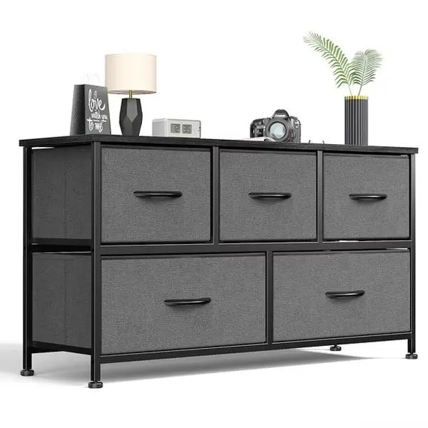 Dresser for Bedroom, 5 Fabric Drawers Dresser, Clothes Cabinet Storage Organizers and Wood Top Surface Table for TV, Chest of Drawers for Living Room, Hallway, Gray