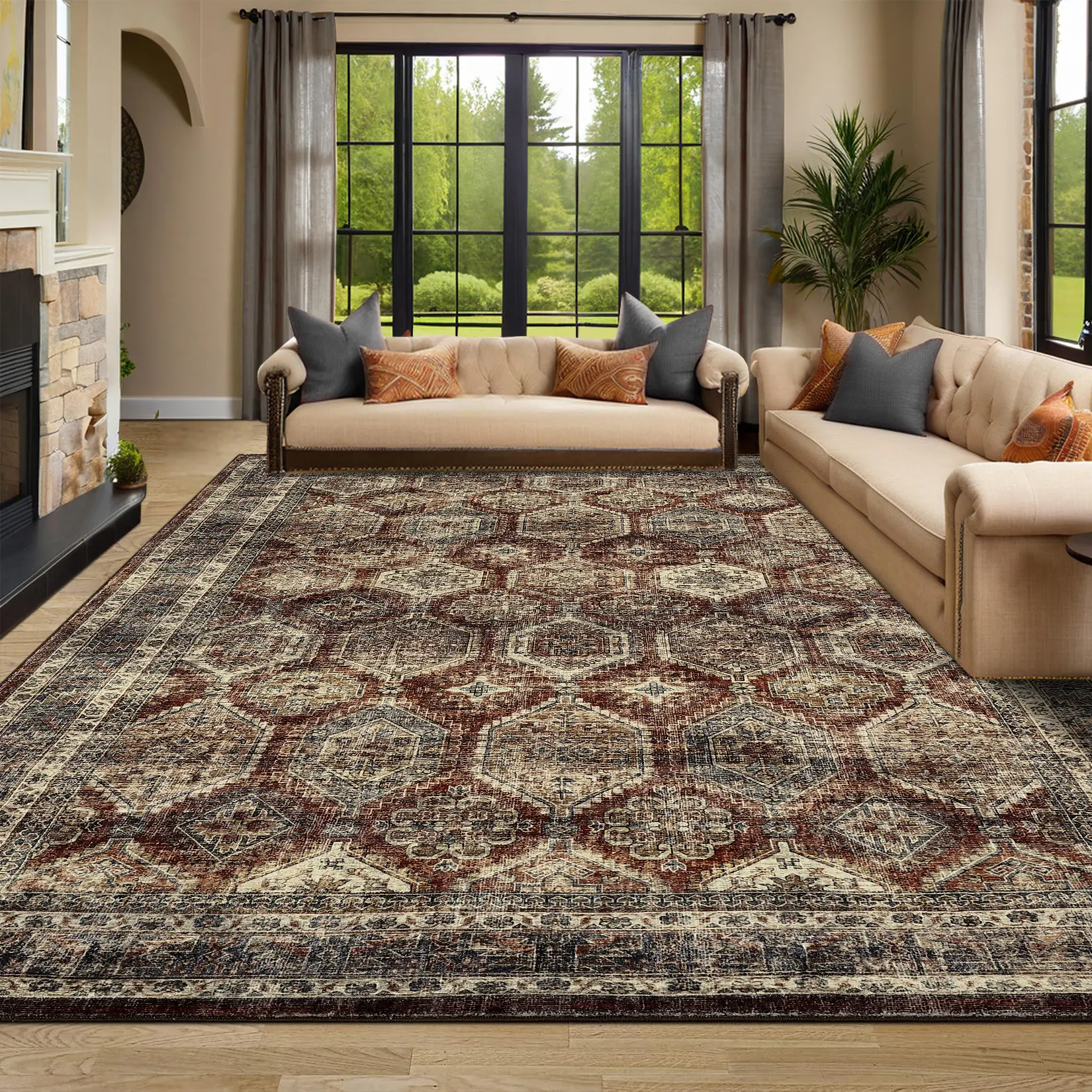 Vintage Washable Rug Flower Print Carpet Short Pile Non-Slip Rug Foldable Indoor Carpet For Living Room Dining Room Office Bedroom Persian Carpet