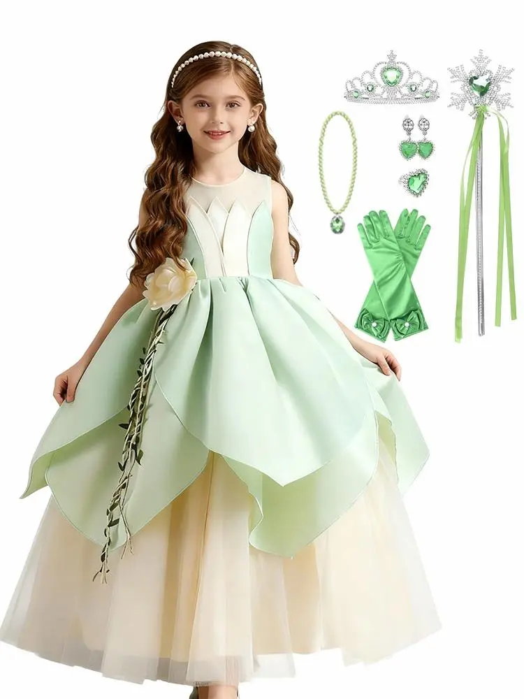 LOEL Kids Green White Ruffle Cosplay Gown with Leaf Shaped Artificial Flowers, Girls Layer Skirt Costume Dress for Birthday Halloween Theme Party