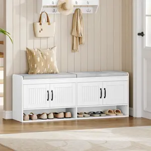 Hzuaneri 55.1" Shoe Storage Bench, 3 Tier Entryway Shoe Bench with Padded Cushion & 4 Doors & Adjustable Shelves, 18-21 Pairs of Bed End Benches, Modern Shoes Rack Benches for Bedroom, White