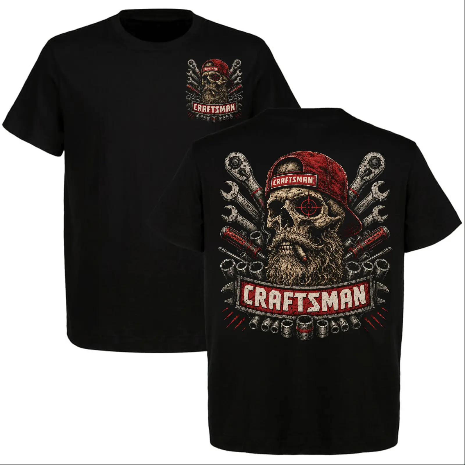 Craftsman Tools Skull T-Shirt, Mechanic Wrench Ratchet Graphic Tee, Automotive Technician Front and Back Print Shirt for Men