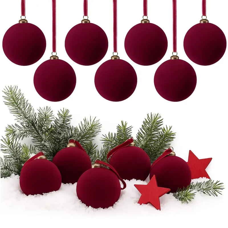 Velvet Christmas Ornaments Burgundy Christmas Decor Flocked Christmas Balls Christmas Tree Bows Multicolor Christmas Decorations for Xmas Tree Wall Front Door Porch Home Holiday Wedding Party Christmas Gifts Navidad Decoración