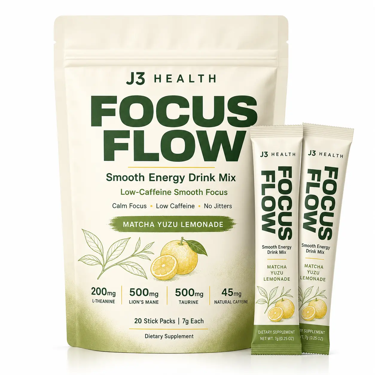 FOCUS FLOW Smooth Energy Drink Mix, Low-Caffeine Focus Support with L-Theanine, Lion’s Mane, Taurine & Natural Caffeine, Matcha Yuzu Lemonade, 20 Stick Packs