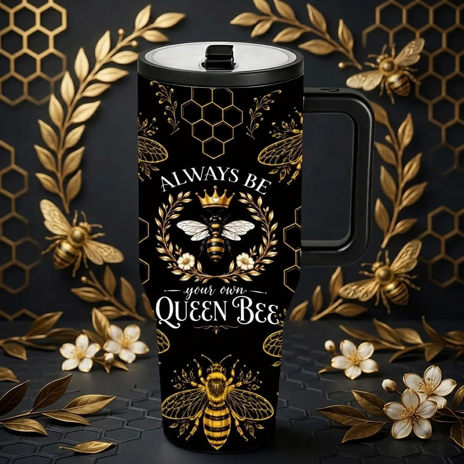 1 Pc 40oz Queen Bee Thermal Mug With Handle, Double Wall, Leak Proof, Stainless Steel Tumbler Insulated Drinkware For Hot Cold Drinks, Keeps Hot 12 Hours, Cold 24 Hours, Stylish Gift For Women, Mom, Friends, Office, Gym, Holiday, Daily Use