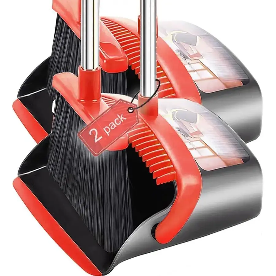 Unisex 2-Pack Large Red Broom and Dustpan Combo Set - 52 in Long Handle, Self-Cleaning Dustpan Teeth, Economical Indoor-Outdoor Sweeping Tool for Home Office