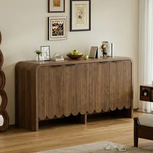 Oakault Fluted Sideboard Buffet Cabinet, 4 Doors Accent Cabinet with Adjustable Shelf, Modern Console Cabinet with Metal Handle for Living Room, Kitchen, Hallway, Entrway(Walnut)