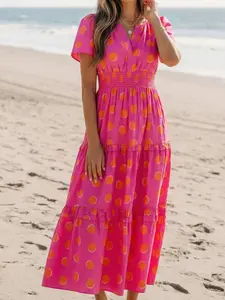 Womens Summer 2026 Casual Midi Maxi Dresses with Side Pockets Rose Double Polka Dot Short Sleeve Shirred High Waist Midi Dress Women's Summer V Neck Split Placket Tiered Ruffle Sun Dress