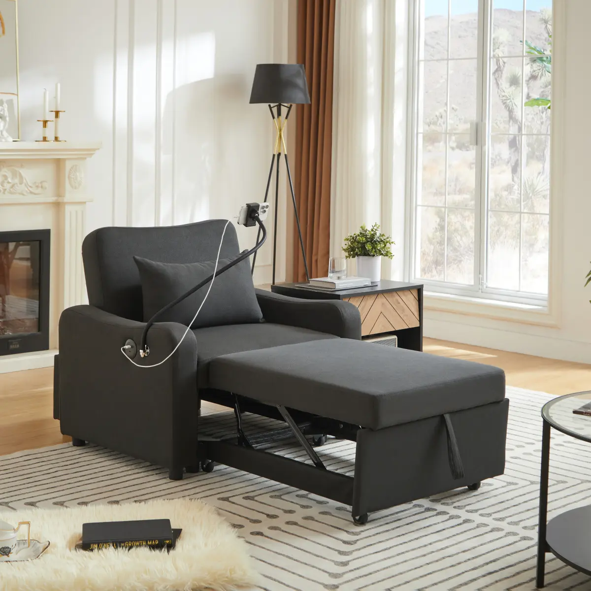 3-in-1 Linen Fabric Convertible Sleeper Sofa Chair Bed - Adjustable Backrest Recliner with Phone Holder, USB Charging, Type-C Port, Easy Setup for Small Space Living Room Bedroom (Black)