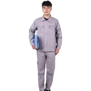 Bestie 2Pcs/Set 100% Cotton Welding Work Clothes Lapel Long Sleeve Zipper Closure Jacket Long Pants Set with Reflective Strips High-Intensity Workwear for Menswear Uniforms