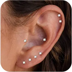 Non Tarnish 6-Pair 2mm Stainless Steel Classical Inlay CZ Round Ball Small Earrings Set for Women, Helix Cartilage Piercing Earrings, Non Tarnish Earrings, Helix Piercing Earrings