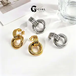 GGIRL 18k Gold-Plated Vintage-Style Layered Interlocking Hoop Drop Earrings, Featuring Polished Interlocking Hoops And A Three-Hoop Overlapping Design. These Bold, Statement Earrings Are A Versatile Accessory For Women’S Everyday Wear And Party Outfits.