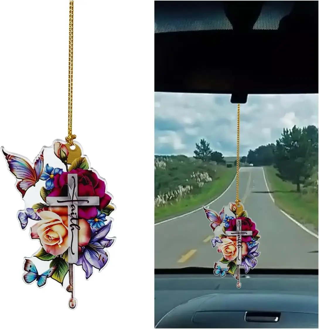 Cross Rear View Mirror Pendant, 2D Flat  Hanging  Interior Rear View Mirror Charm, Lovely Flower  Ornament Keepsake Decoration for Men and Women Presents (Flower)