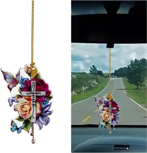Cross Rear View Mirror Pendant, 2D Flat  Hanging  Interior Rear View Mirror Charm, Lovely Flower  Ornament Keepsake Decoration for Men and Women Presents (Flower)