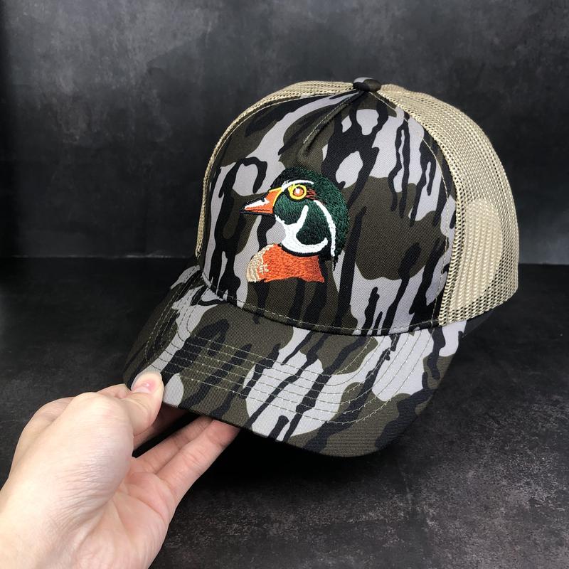Wood Duck Hunting Hat – Embroidered Duck Design Bottomland Camo Trucker Cap, Perfect Gift for Duck Hunters