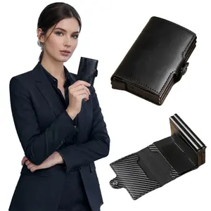 1pc Double Layer PU Card Holder, automatic pop-up design with multiple card slots, slim metal money clip, durable case for credit cards and name cards, compact portable structure, ideal for business, office and daily commuting use