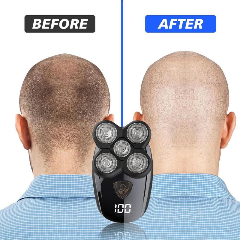Rechargeable Bald Head Hair Beard Trimmer Razor Wet Dry, 5 in1 Head Shavers for Bald Men, Detachable Cordless Shaver, 5D Electric Razor Waterproof for Bald Men, Wet/Dry LED Display Rechargeable Rotary Shaver Grooming Kit,