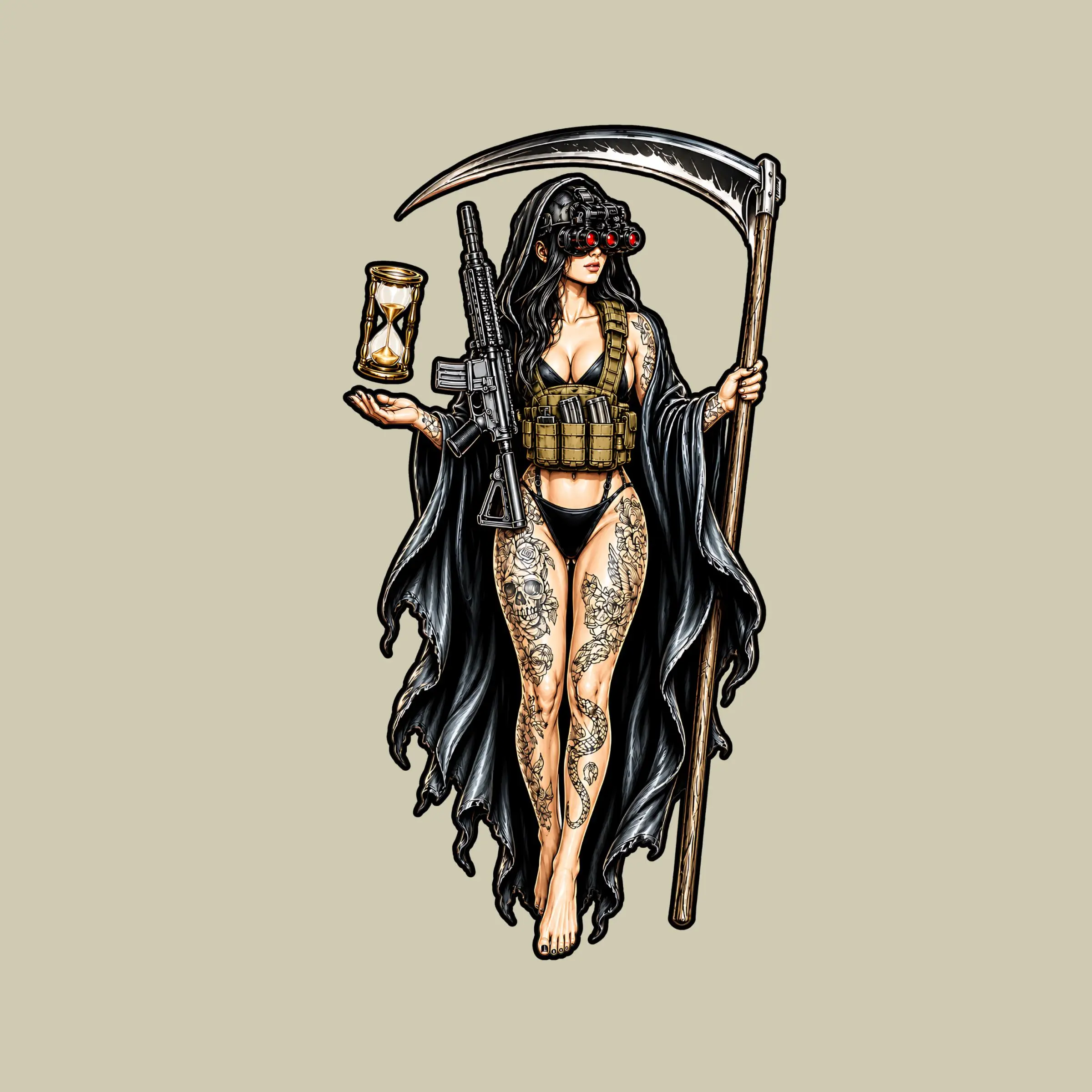 Tactical Grim Reaper Waifu Sticker, Death Goddess with Rifle and Scythe, Dark Fantasy Decal