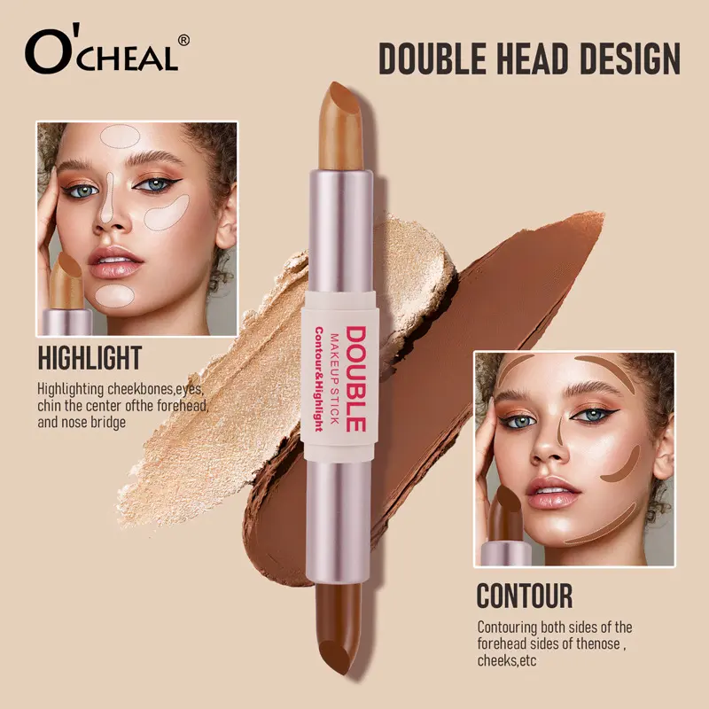 O'CHEAL 2-in-1 Contour & Highlighter Stick, Double-Ended Makeup Stick, Highlighting Stick, Waterproof & Long-Lasting, 3 Shades Available, Natural Matte & Shimmer Finish, for Face Sculpting, Nose Lifting & Brightening
