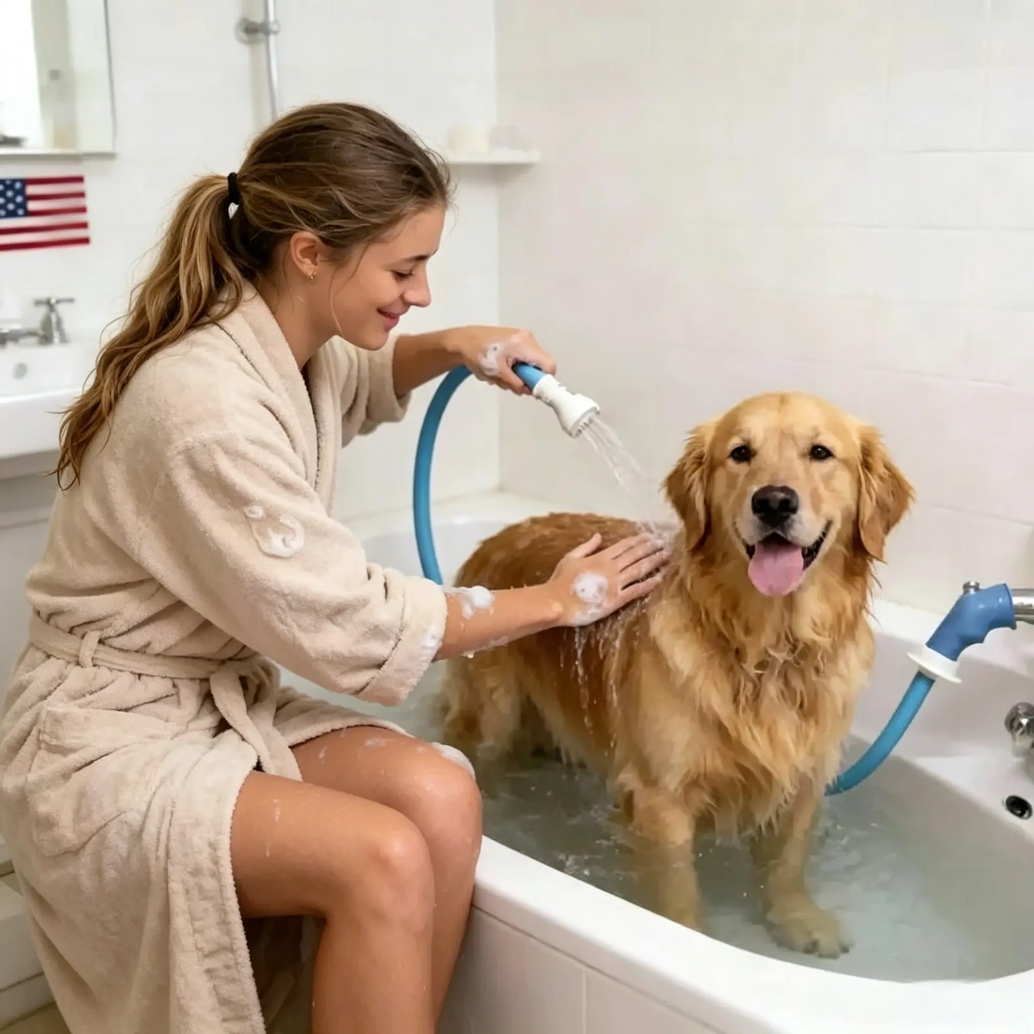 Slip-On Bathtub Faucet Sprayer Attachment. Ultra-Flex Dog Shower Hose Adapter Portable Hose Attachment with Sprayer Pet Showerhead Attach Tub Spout 5 Foot Hose. No Install for Speedy Washing
