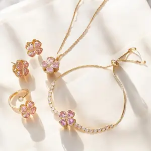 GoodLittleGoods Sparkling Pink Heart Flower Jewelry Set - Necklace, Adjustable Fit Ring, Bracelet & Earrings | Elegant Gift for Women, Besties & Birthdays