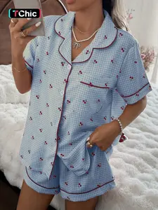 Cherry Plaid Print Pajama Set, Sweet Cute Collared Button Top and Bow Short Pants, Women's Sleepwear and Loungewear, Casual Fitted Style