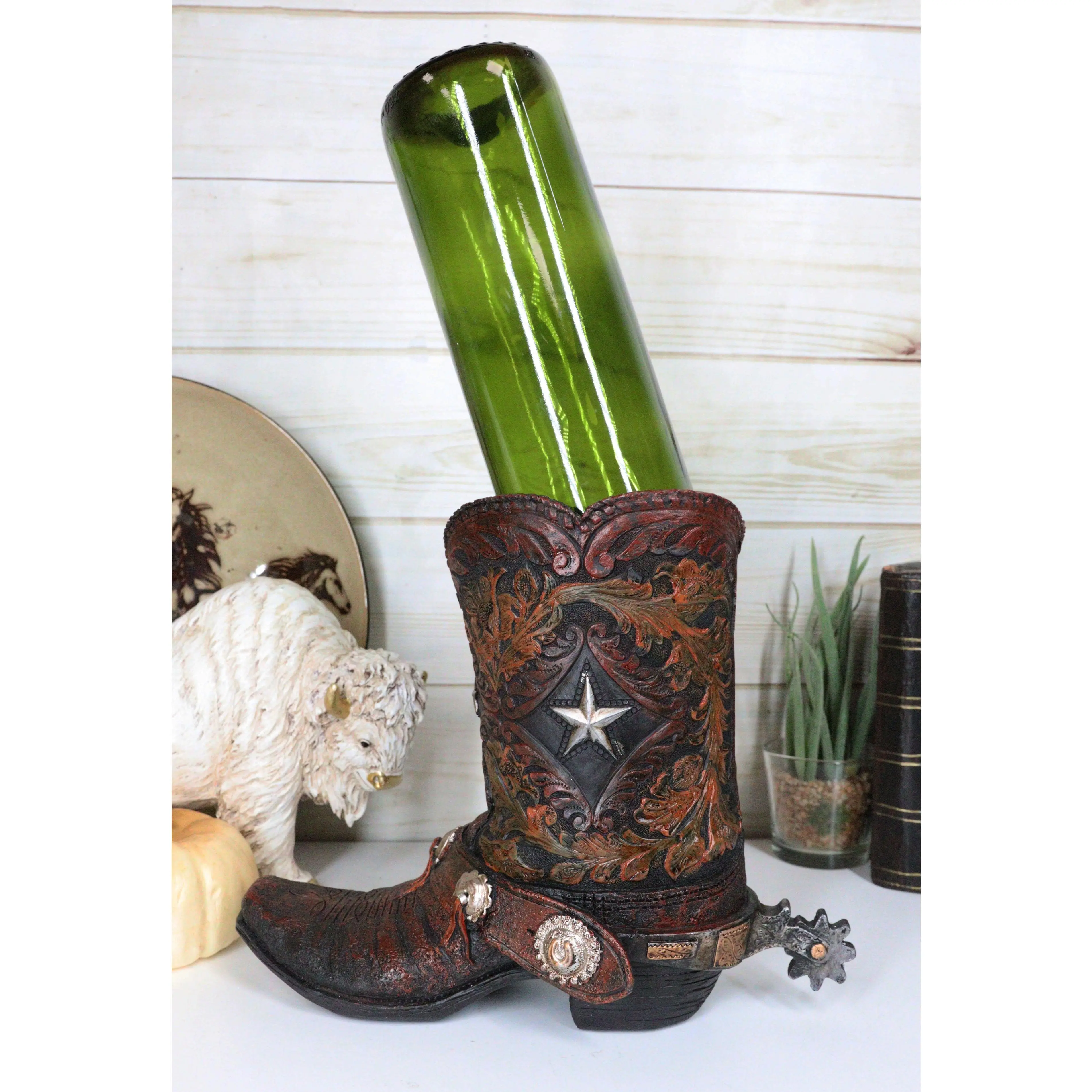 Rustic Western Texas Star Cowboy Boot Spur Faux Leather Wine Holder & Floral Vase, Polished Metal Home Decoration Room Accessories, 4.25" Deep Metal Ornaments