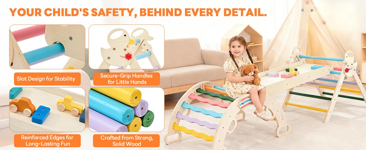 7 In 1 Pikler Triangle Climber With Arch And Slide, Foldable Space Saving Design For Home,  Foldable Design Saves Space,Solid Wood Supports 160 LBS, Includes Blackboard For Creative Play