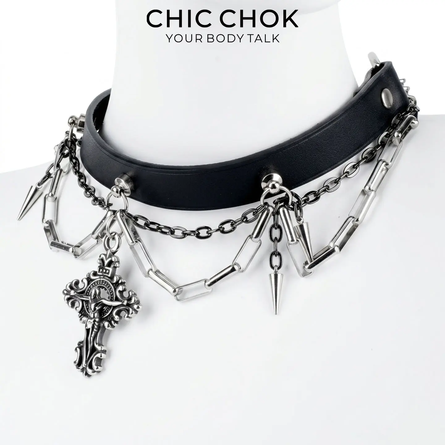 CHICCHOK Breathless and Redemption Genuine Leather Choker | Gothic Thorn Cross Pendant Collar | Luxury Subversive Techwear Body Armor Jewelry