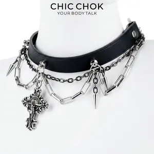 CHICCHOK Breathless and Redemption Genuine Leather Choker | Gothic Thorn Cross Pendant Collar | Luxury Subversive Techwear Body Armor Jewelry