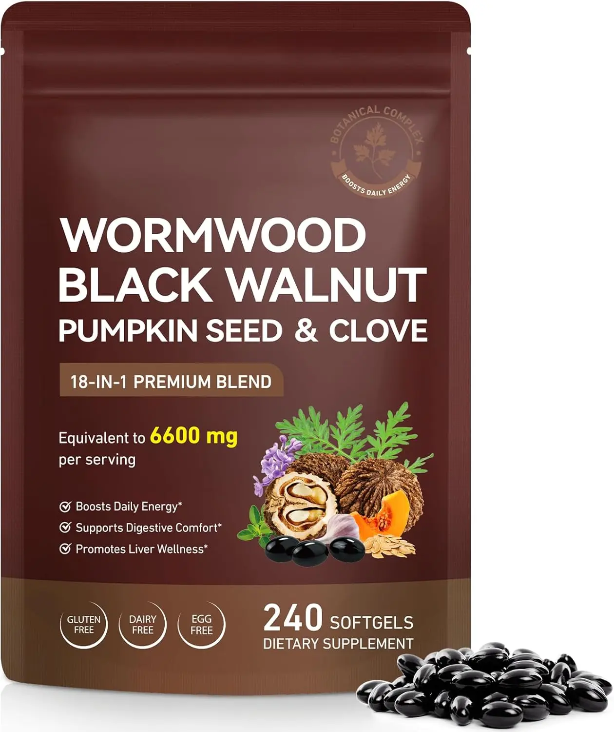 Wormwood Black Walnut & Clove Herbal Supplement, 18-in-1 Botanical Blend with Pumpkin Seed, 6600mg Equivalent, 240 Plant-Based Softgels