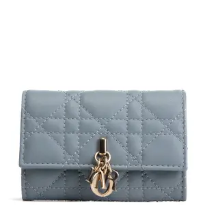 Pre-owned Dior Lambskin Leather Small Leather Goods Leather Cannage Compact Wallet Light Blue