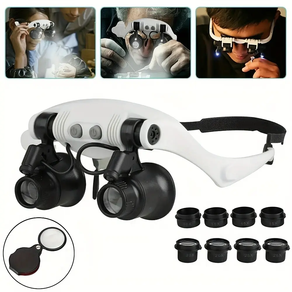LED Head-Mounted Magnifier with 10x-25x Interchangeable Lenses, Hands-Free Illuminated Magnifying Glass for Home Office, Desk Gadgets, Precision Work, Repair, Crafting