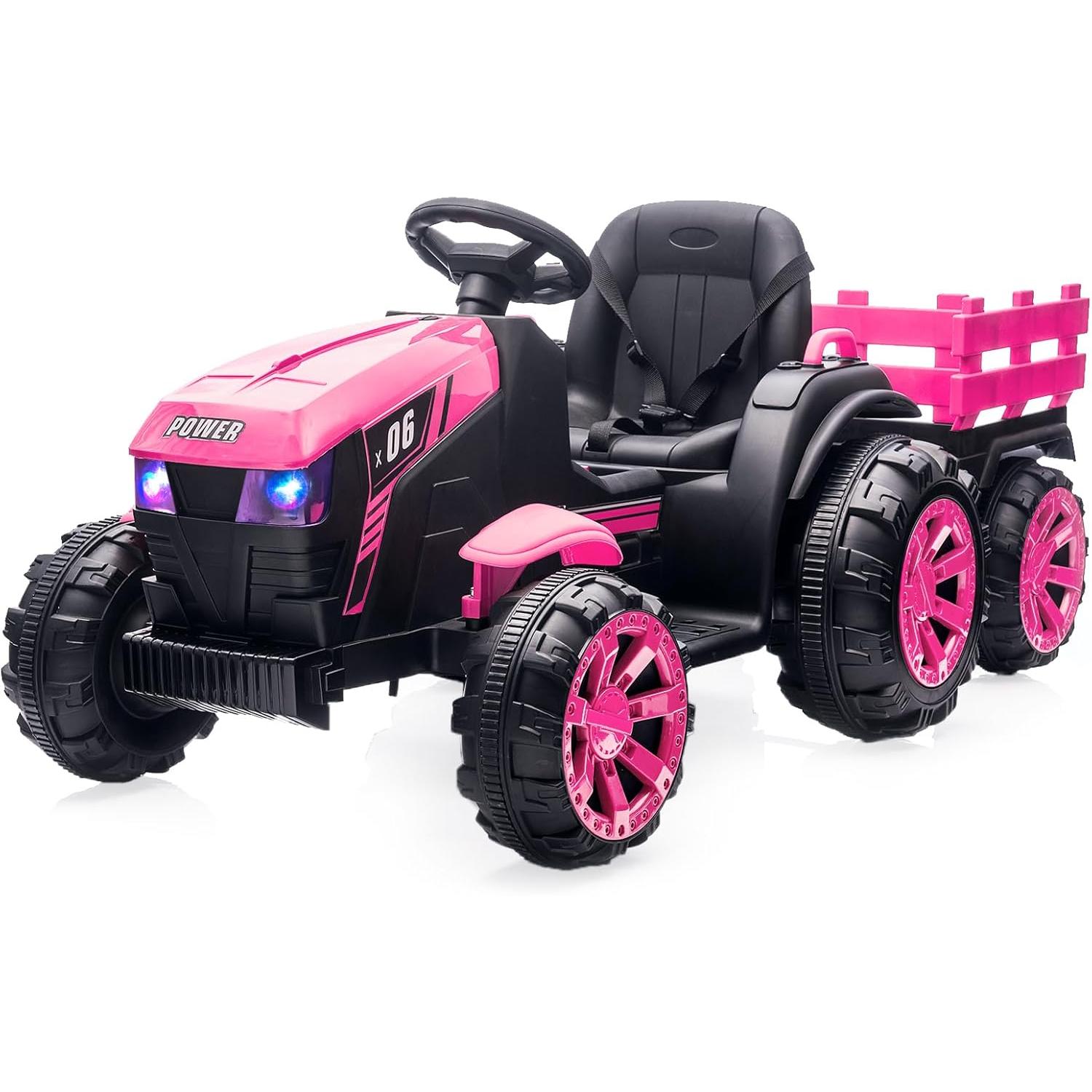 Ride On Tractor with Detachable Trailer, 12V Kids Electric Vehicles with Remote Control, Ride On Toys with Music and LED Lights for Toddler Boys Girls