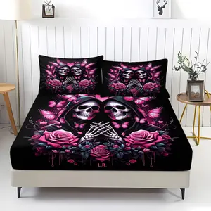 3Pcs Gothic Skulls and Pink Butterflies Fitted Sheet Set, Stylish Dark Aesthetic Bedding with Floral Accents, Perfect for a Romantic Bedroom Makeover, Cozy and Unique Design for a Spooky VibeIncludes 2 Pillowcases, No Pillow Core