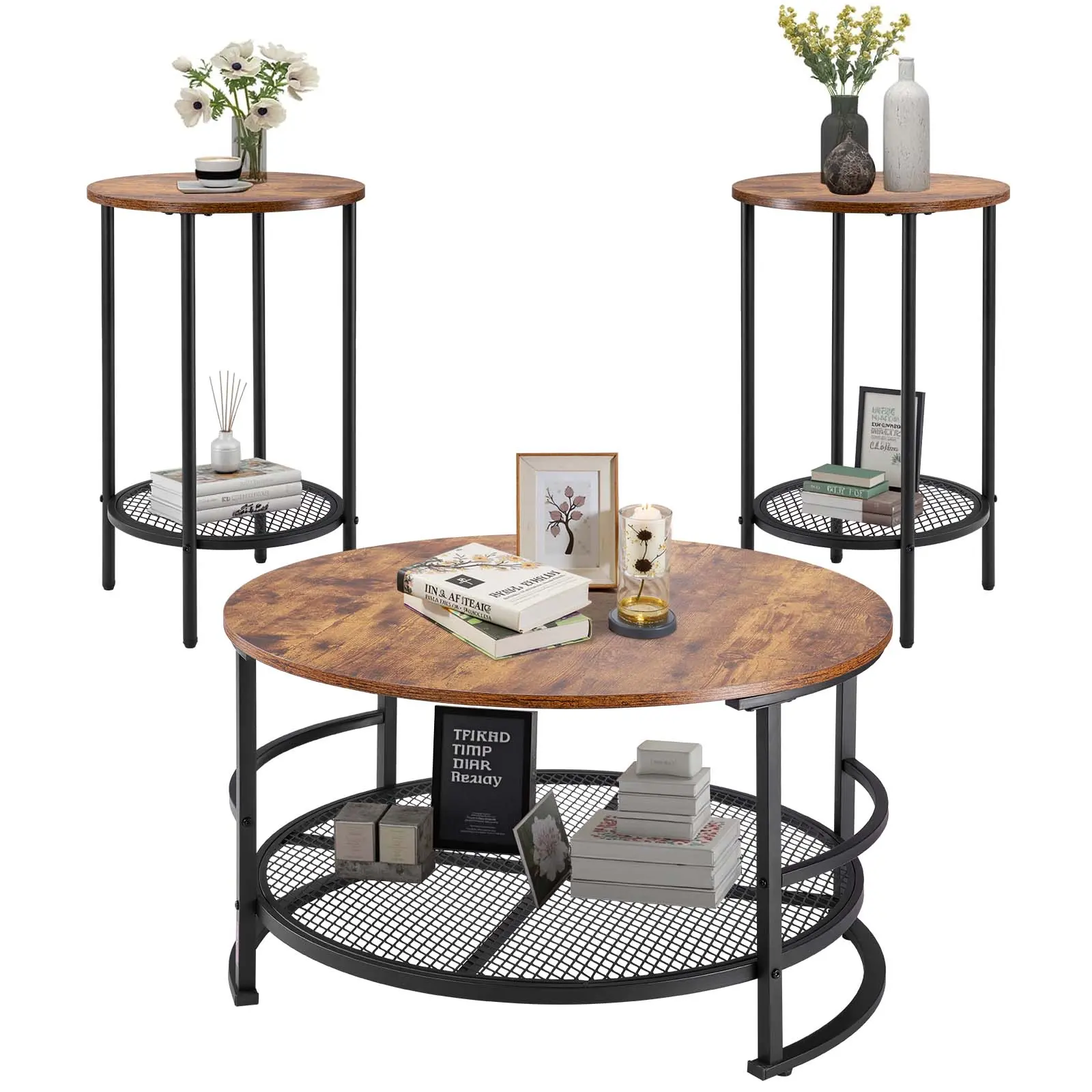 VEVOR 3 Pieces Round Coffee Table Sets, 31.5 in Industrial Living Room Table with 2 End Side Tables, Easy Assembly Coffee and End Tables Sets with Metal Legs, for Office, Living Room and Apartment#BackToSchool