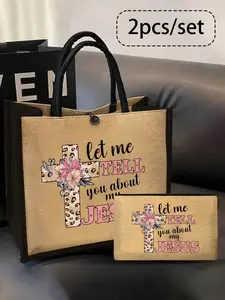 Women's Linen Letter Printed Handbag & Wallet Set, Creative Easter Jesus Letter Pattern, Multifunctional Teacher Bag, Large Capacity, Casual Travel Purse