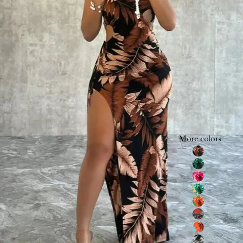 Women's Leaf Print Split Thigh Bodycon Maxi Dress, Strapless Cut-Out Ruched Design Summer Sundress for Beach Holiday, Flattering Brown Womenswear, Lady Casual Fashionable Dress, Bohemian Summer Outfit, Boho Beach Sundress
