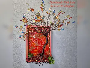 Deep Orange and Gold Wire Tree of Life Hanging Wall Art 18"x15.5" with Fairy Lights & Hand-Painted Glass Beads for Home Decor - Box